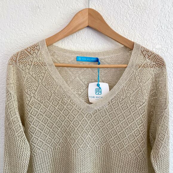 Tori Richard Metallic Gold Linen Blend Open Knit Tunic Sweater Small NWT - Picture 2 of 8